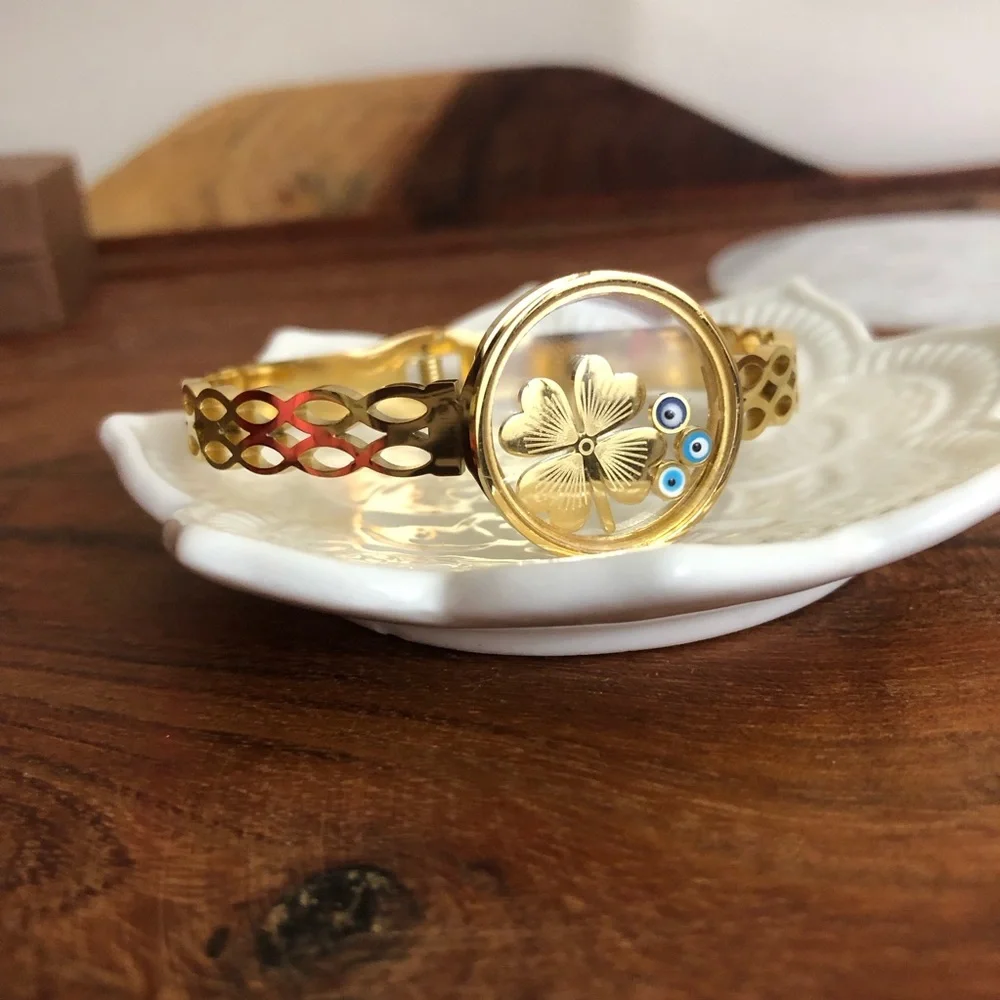 Women’s Gold Plated Lucky Clover Evil Eye Stainless Steel Bracelet Bangle Gifts